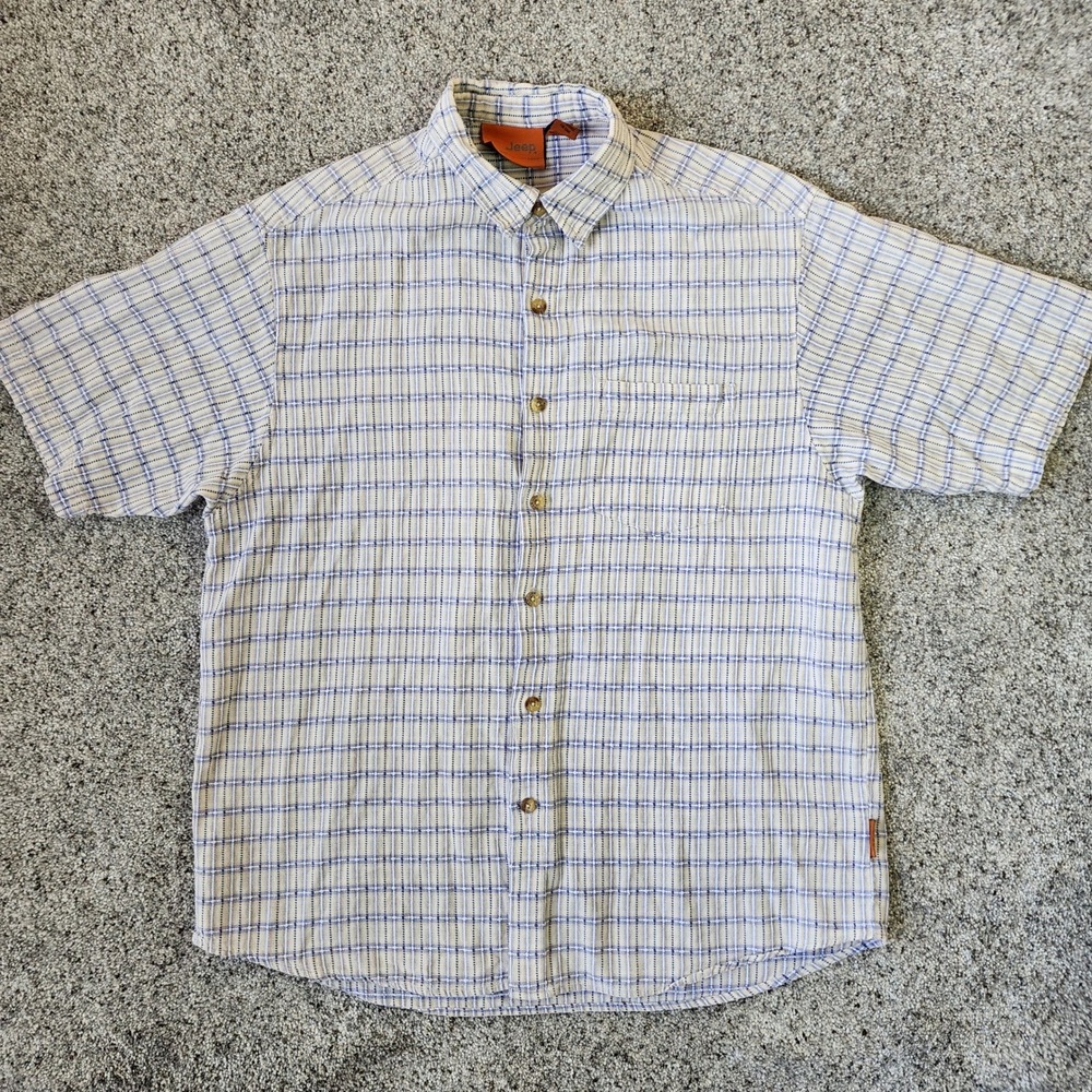 Jeep Button Up Shirt Mens Medium Plaid Textured Cooling 100% Cotton EUC